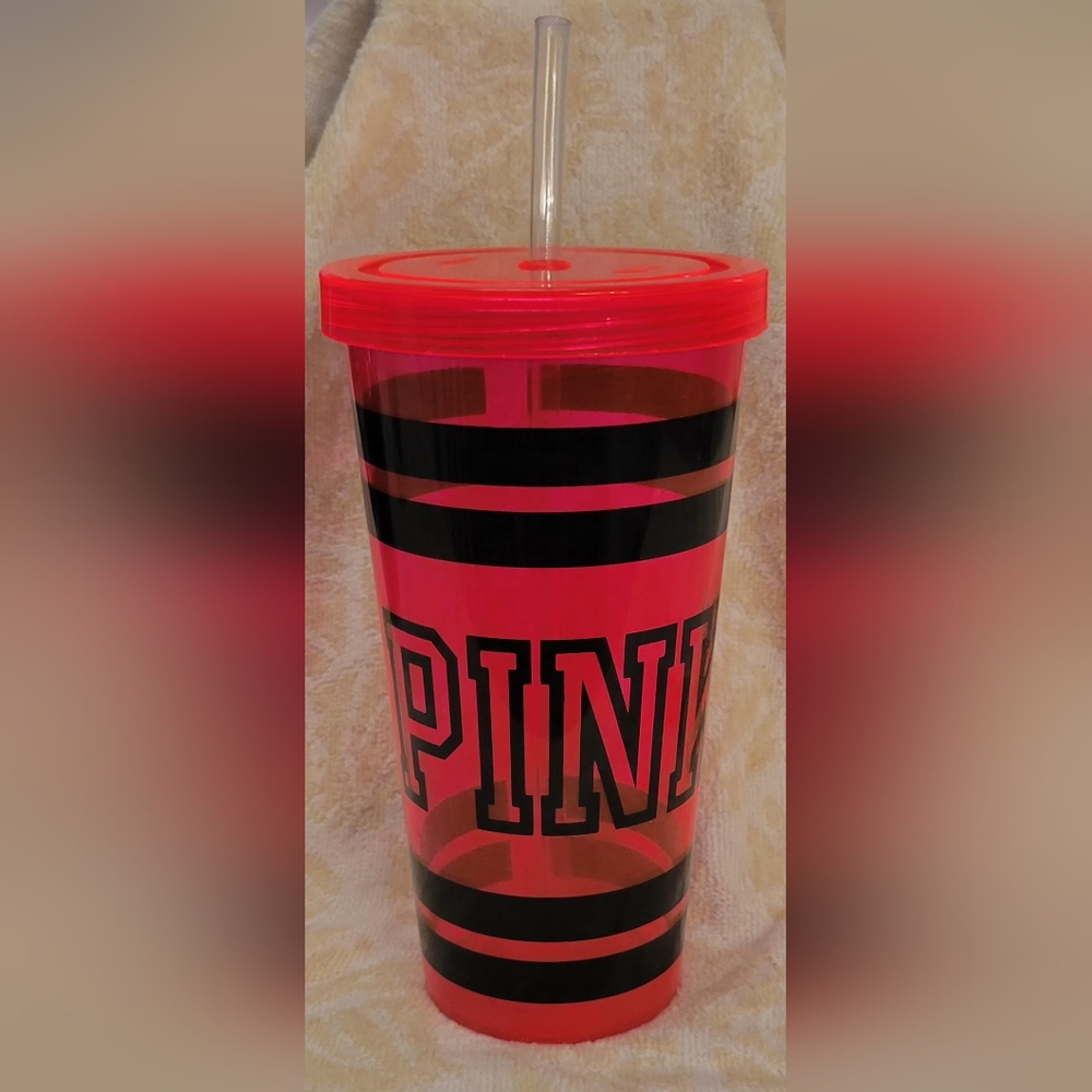 Victoria's Secret PINK Neon Pink Plastic Tumbler w/Black Font with Straw. 24oz. - Picture 2 of 9